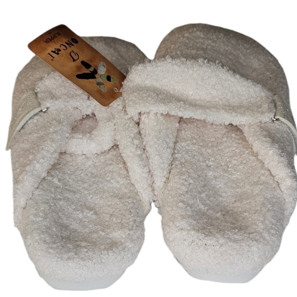 Cream Faux Shearling Boston Clog Style Adjustable Slippers w Treads women's 9 - Picture 3 of 10